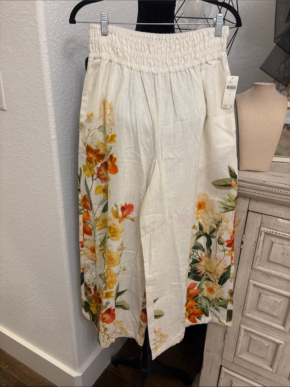 Anthropologie Cream Wide-Leg Floral Linen-Blend Pants